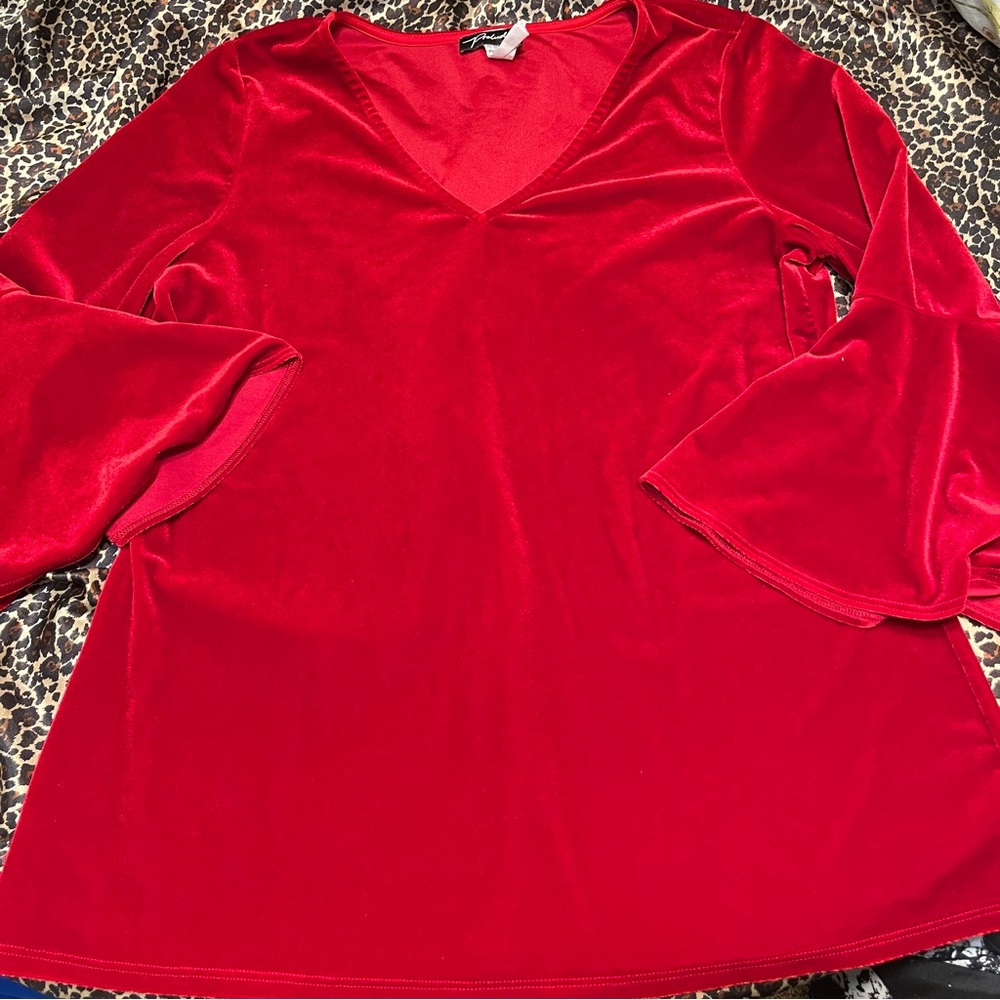 Prelude Bell Sleeve V Neck Crushed Velvet Red Top